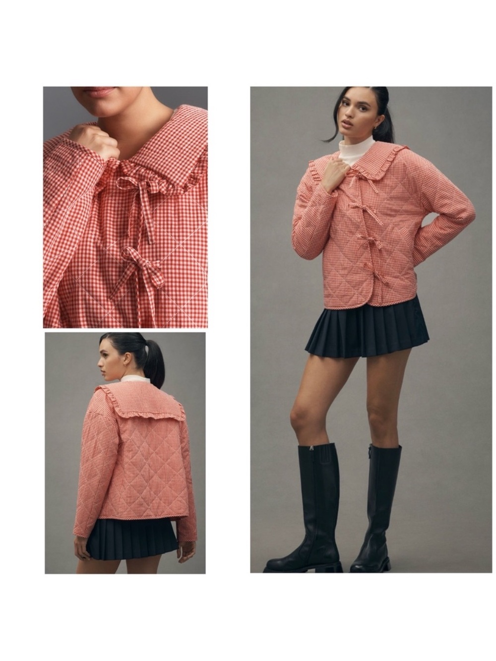 Anthropologie Pink Gingham Quilted Tie-Front Jacket